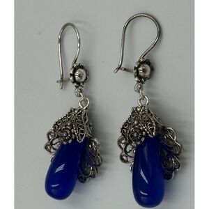 DGS Turkey Sterling Silver 925 Filligree Blue Agate Stone Dangle Earrings New